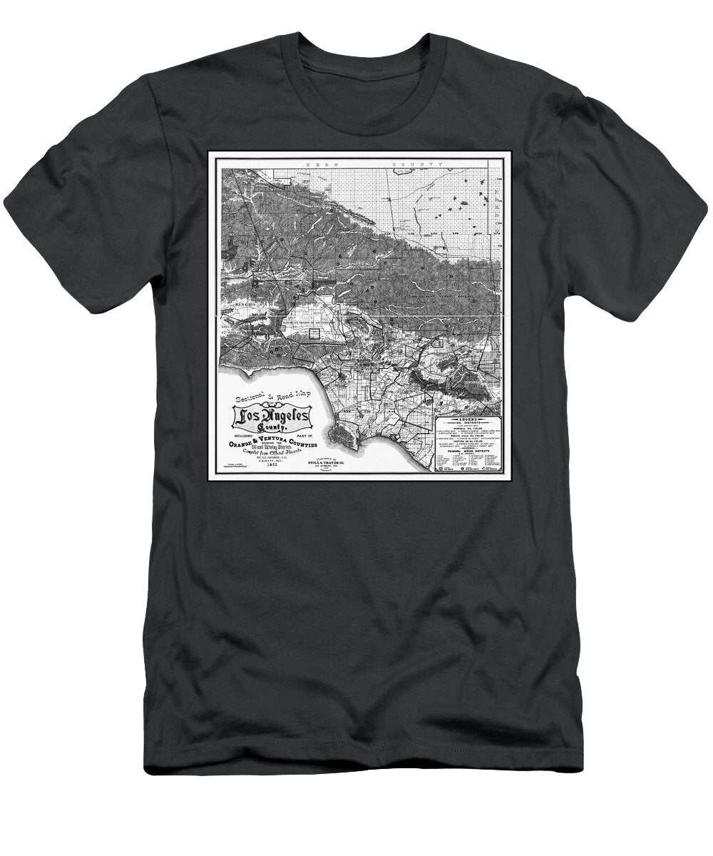 Los Angeles County California Vintage Sectional and Road Map 1900 Black and White Carol Japp T-Shirt