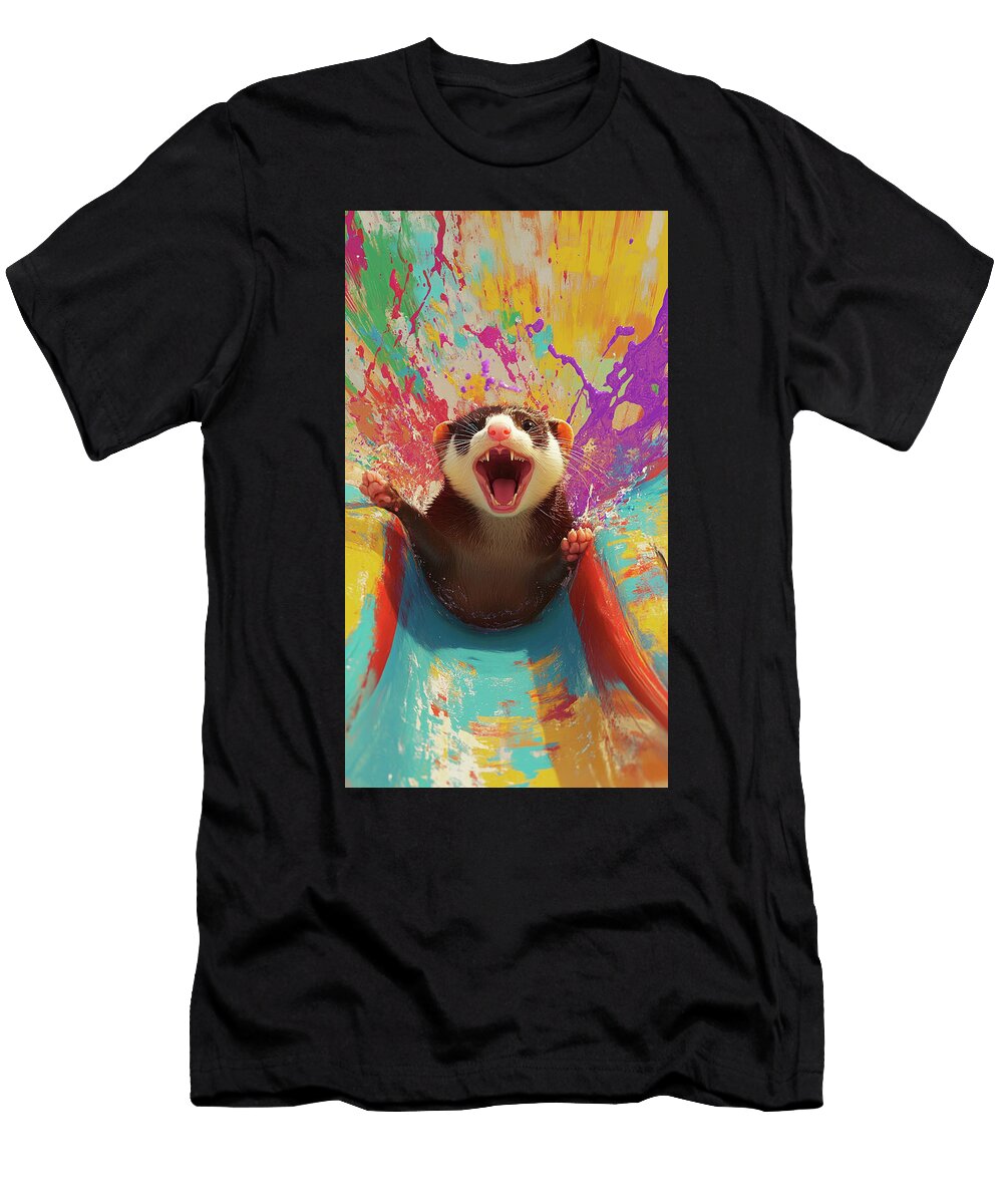 Playful Ferret on a Colorful Water Slide Cortez Schinner T-Shirt